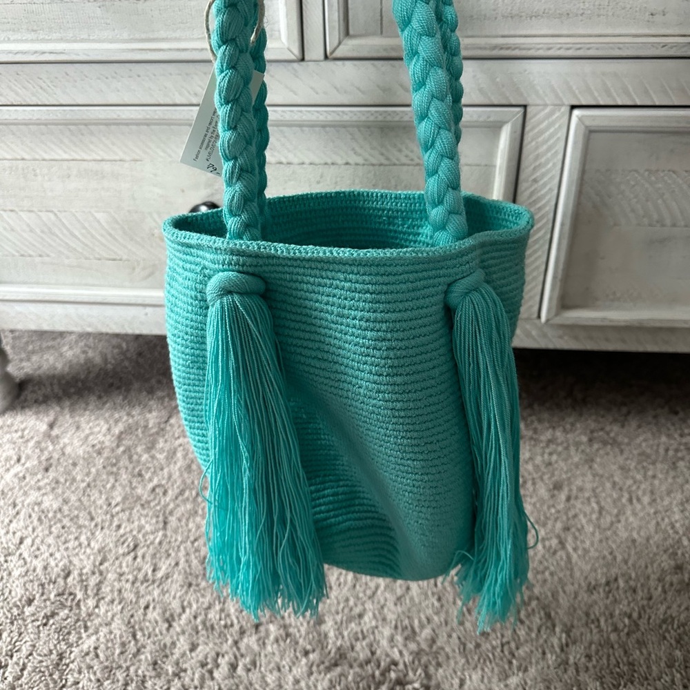Turquoise Braided Handle Tote Bag